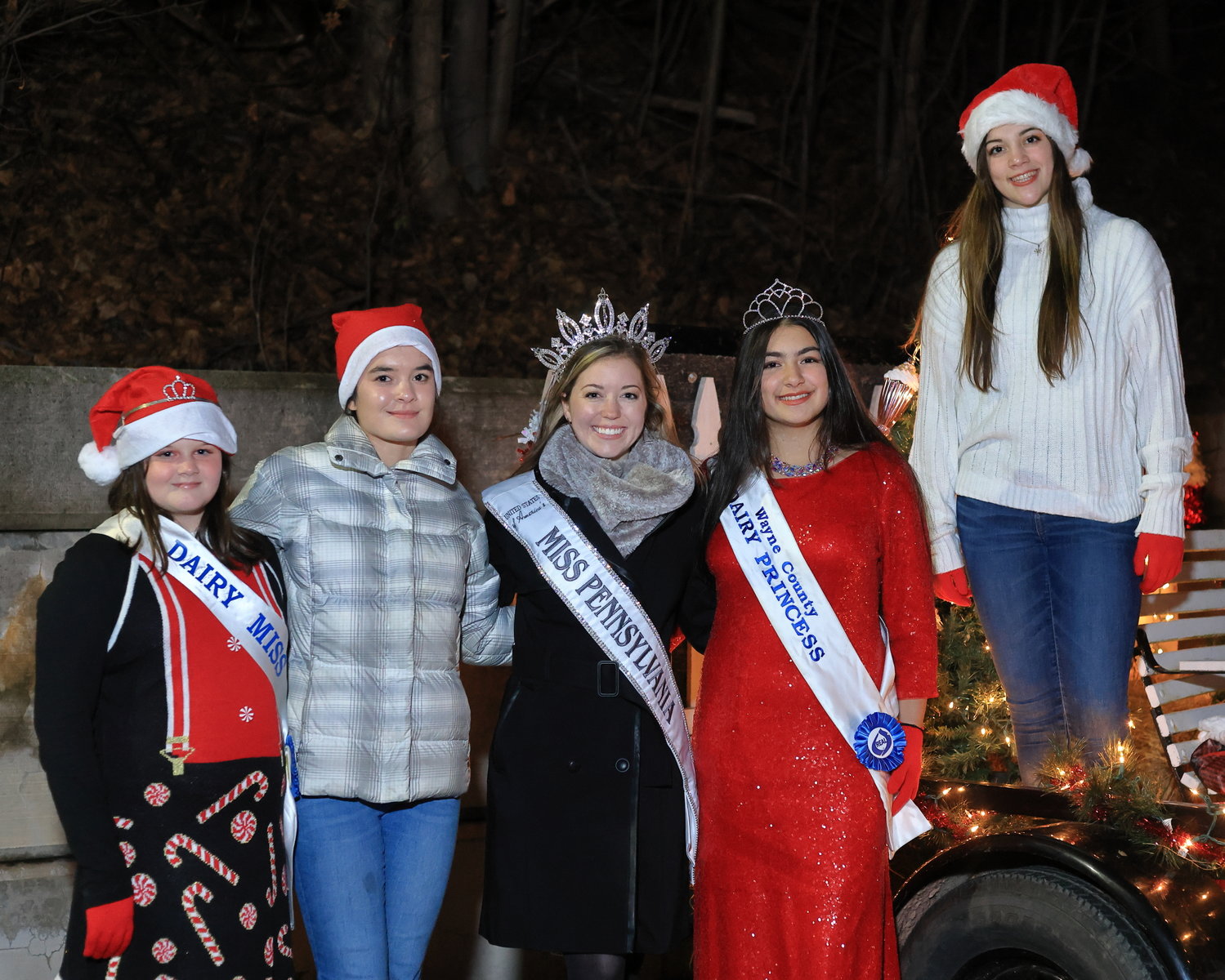 Miss Pennsylvania poses with Wayne County Dairy Princesses and Misses—past and present. Pictured are Kenley Roberts, 2022 Wayne County Dairy Miss, left; Madison Roberts, 2021 Wayne County Dairy Princess; Sydney Miller, 2023 Miss Pennsylvania; Elektra Kehagias, 2022 Wayne County Dairy Princess; and Sydney Roberts, 2021 Wayne County Dairy Miss...